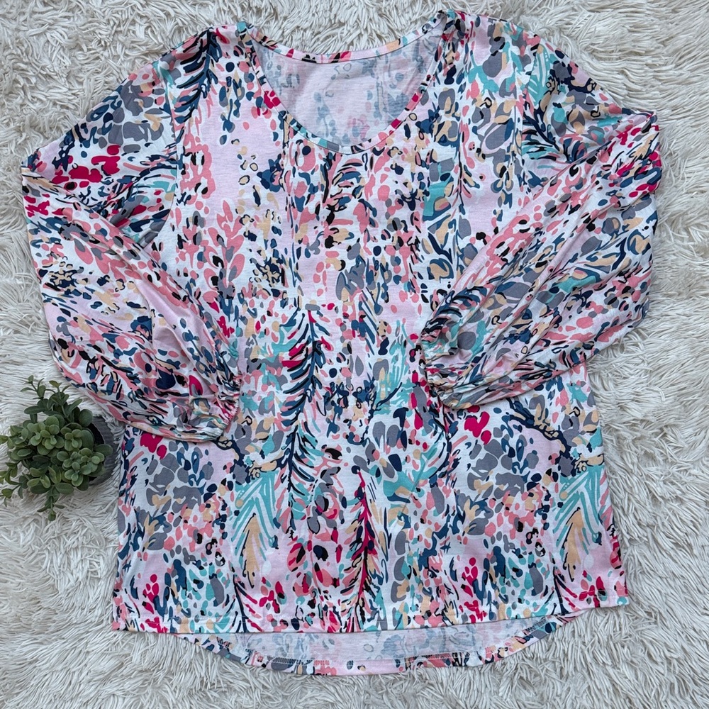 🎉HP🎉 Boutique Floral Print Bubble Sleeve Top 💗 White Pink & Blue - Picture 3 of 14